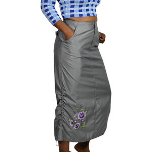 Vintage Gap Parachute Skirt Grey Y2K Embroidered Floral Ruched Shirred Column XS